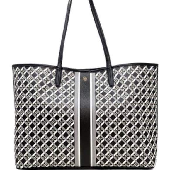Tory Burch Black Geometric Logo Striped Tote - Picture 1 of 2